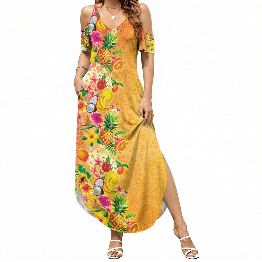 Hawaiian Tropical Fruits and Plants Summer Maxi Dress Kakau Pattern Summer Vibe LT03 Women Multicolor - Polynesian Pride