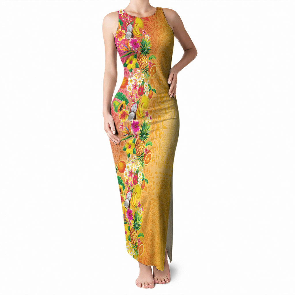 Hawaiian Tropical Fruits and Plants Tank Maxi Dress Kakau Pattern Summer Vibe LT03 Women Multicolor - Polynesian Pride