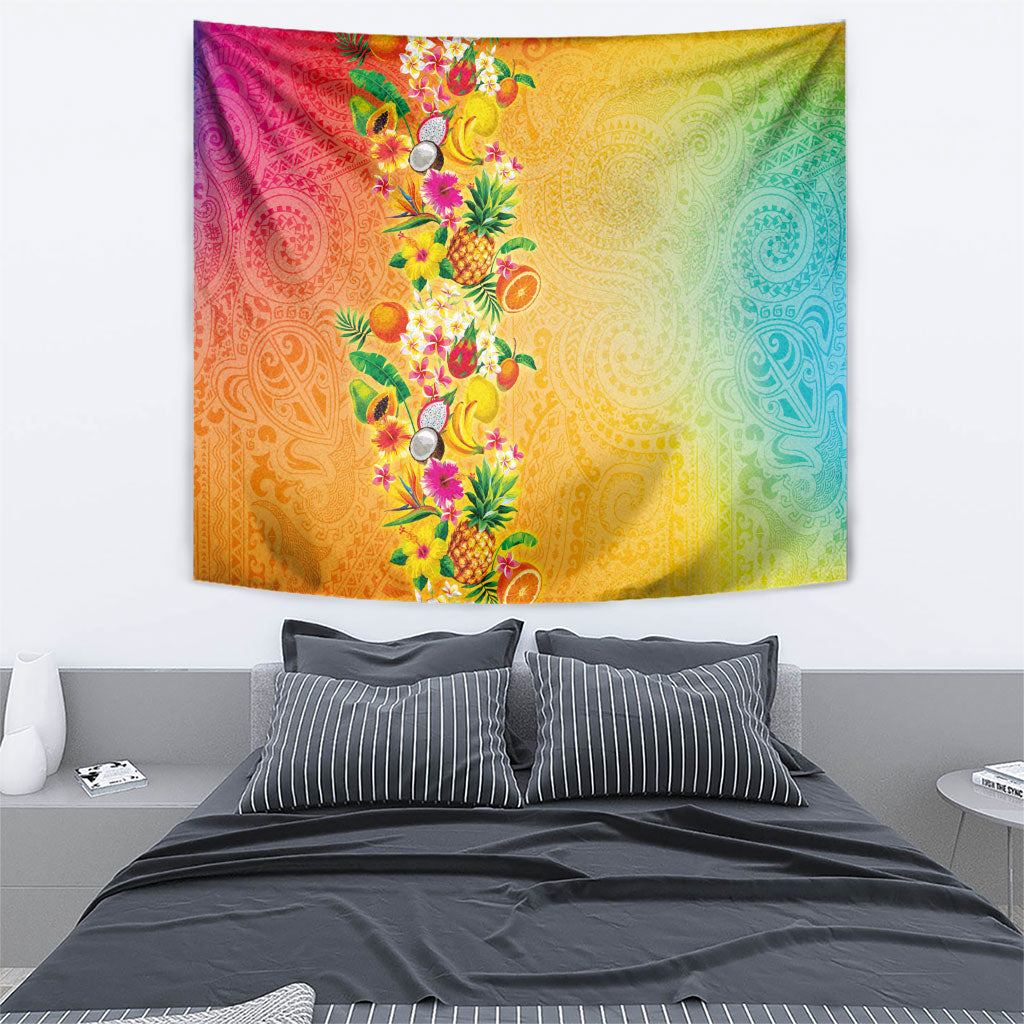 Hawaiian Tropical Fruits and Plants Tapestry Kakau Pattern Summer Vibe LT03 - Polynesian Pride