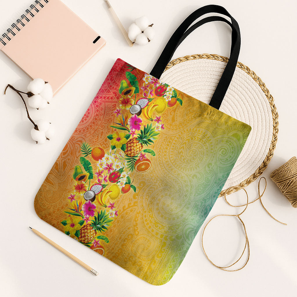 Hawaiian Tropical Fruits and Plants Tote Bag Kakau Pattern Summer Vibe LT03 Black Strap One Size Multicolor - Polynesian Pride