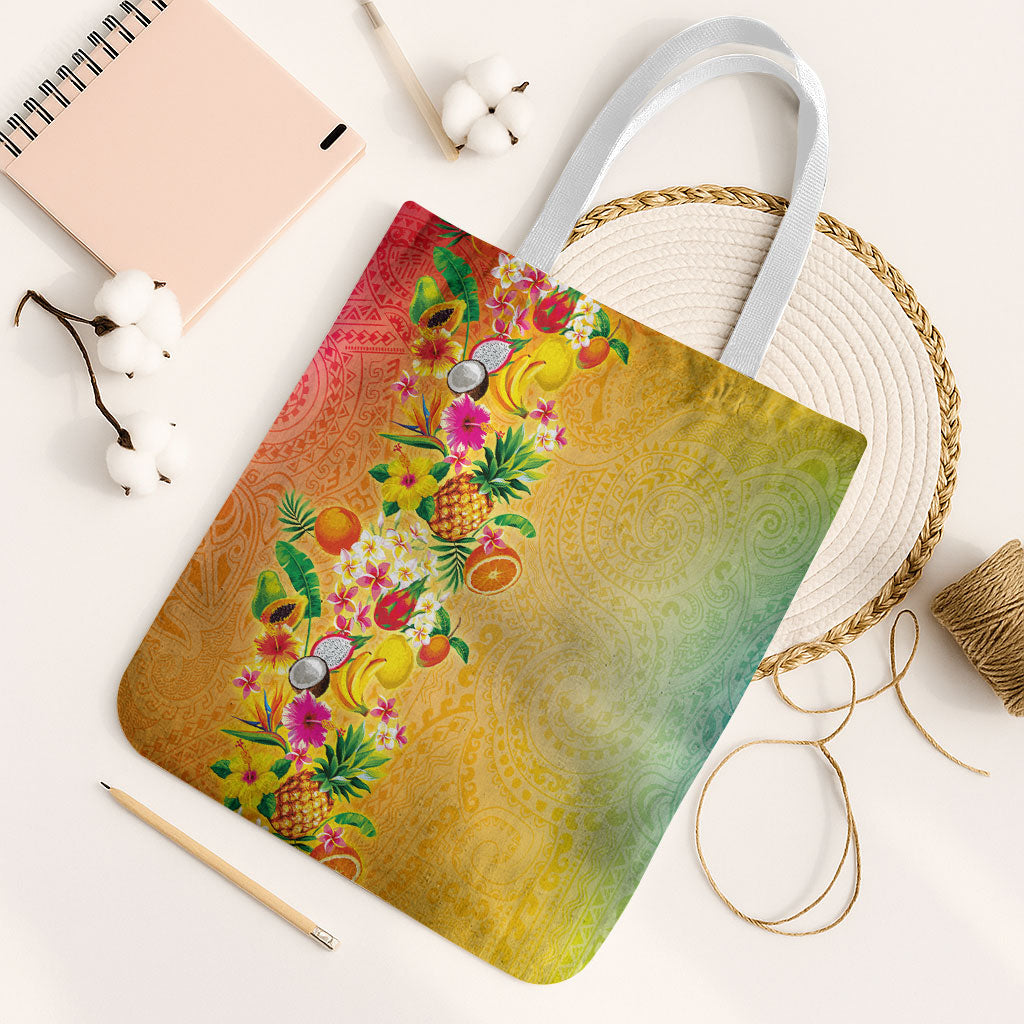 Hawaiian Tropical Fruits and Plants Tote Bag Kakau Pattern Summer Vibe LT03 White Strap One Size Multicolor - Polynesian Pride