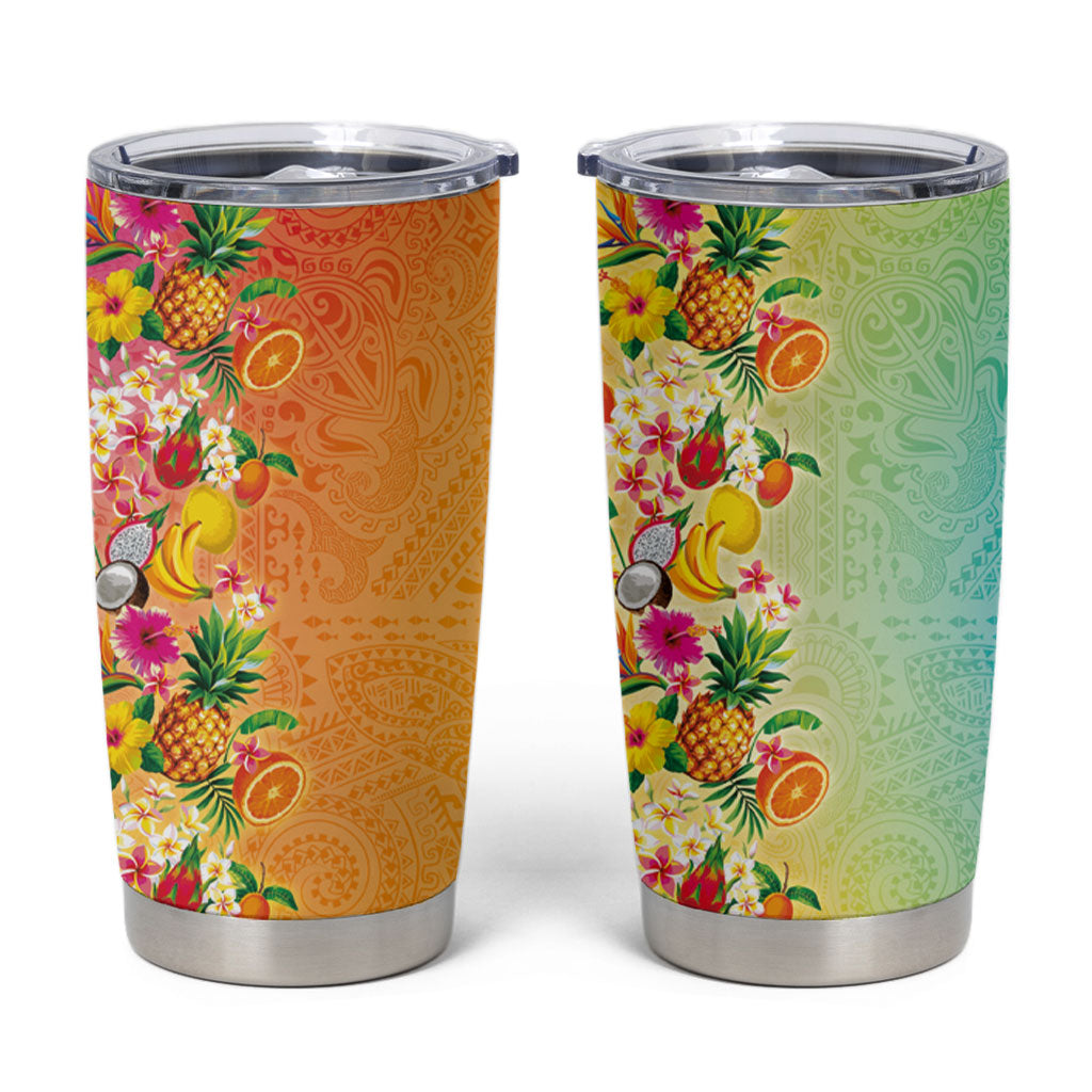 Hawaiian Tropical Fruits and Plants Tumbler Cup Kakau Pattern Summer Vibe LT03 Multicolor - Polynesian Pride