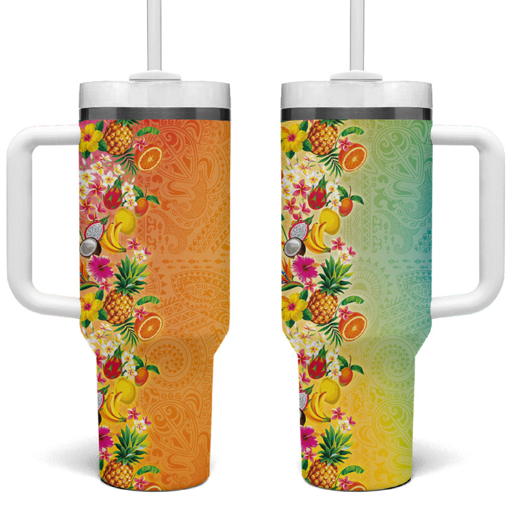 Hawaiian Tropical Fruits and Plants Tumbler With Handle Kakau Pattern Summer Vibe LT03 One Size: 40 oz Multicolor - Polynesian Pride
