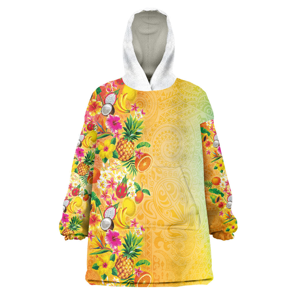 Hawaiian Tropical Fruits and Plants Wearable Blanket Hoodie Kakau Pattern Summer Vibe LT03 One Size Multicolor - Polynesian Pride