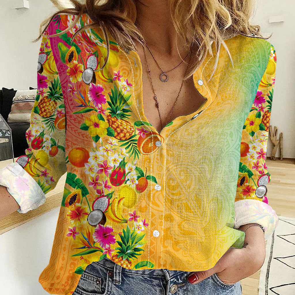 Hawaiian Tropical Fruits and Plants Women Casual Shirt Kakau Pattern Summer Vibe LT03 Female Multicolor - Polynesian Pride