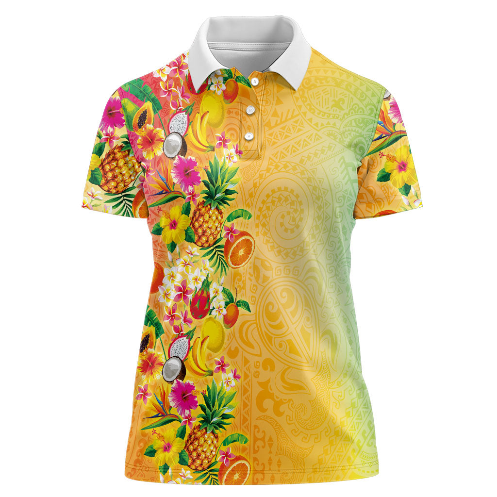 Hawaiian Tropical Fruits and Plants Women Polo Shirt Kakau Pattern Summer Vibe LT03 Female Multicolor - Polynesian Pride