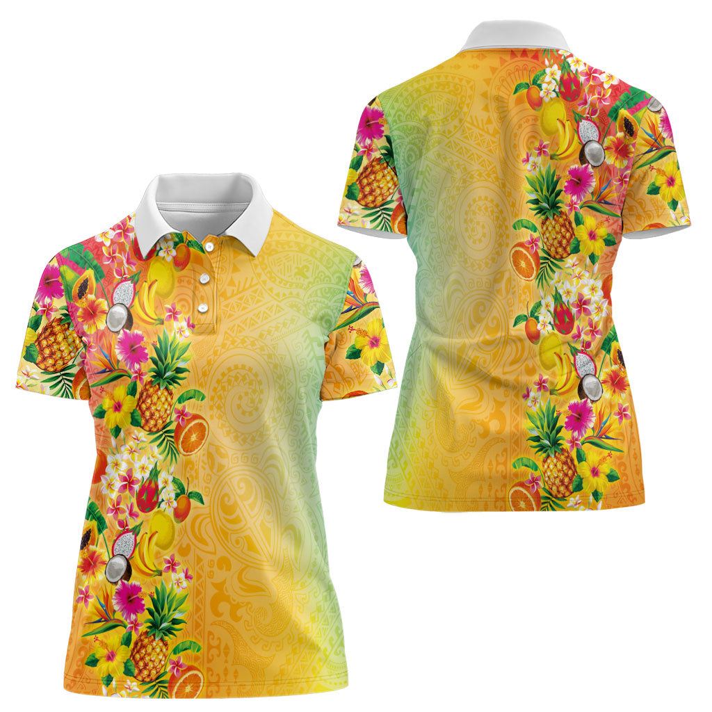 Hawaiian Tropical Fruits and Plants Women Polo Shirt Kakau Pattern Summer Vibe LT03 - Polynesian Pride