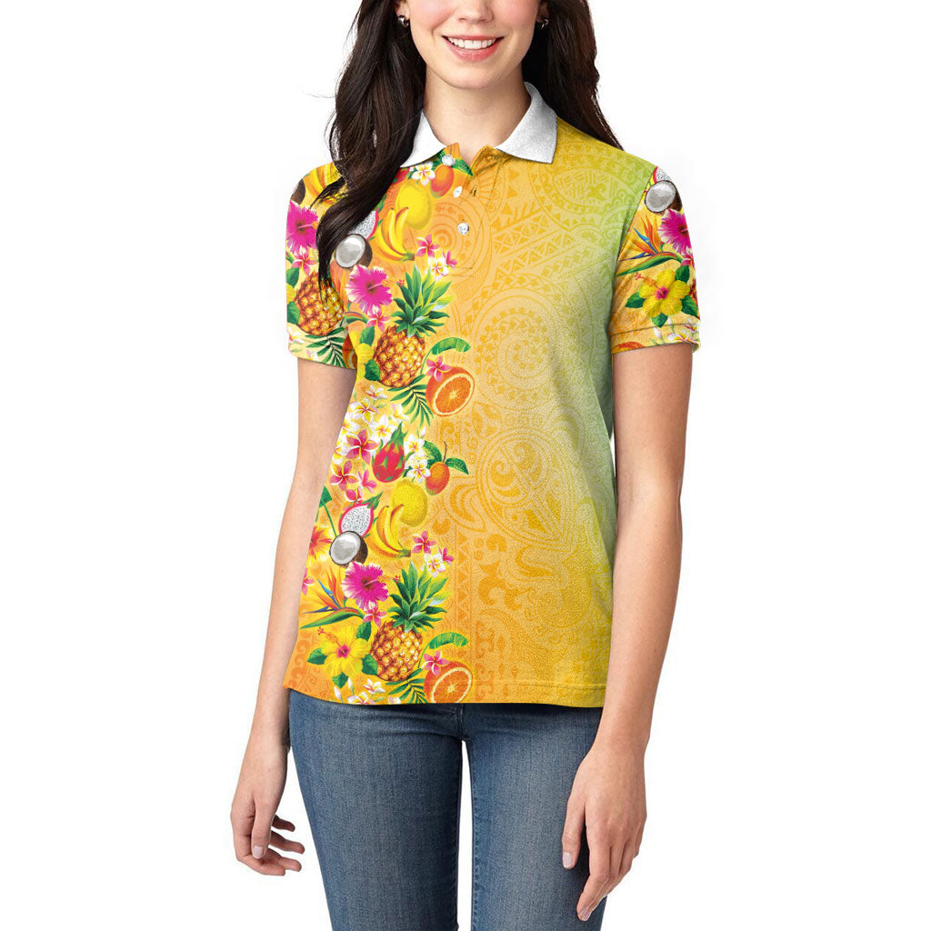 Hawaiian Tropical Fruits and Plants Women Polo Shirt Kakau Pattern Summer Vibe LT03 - Polynesian Pride