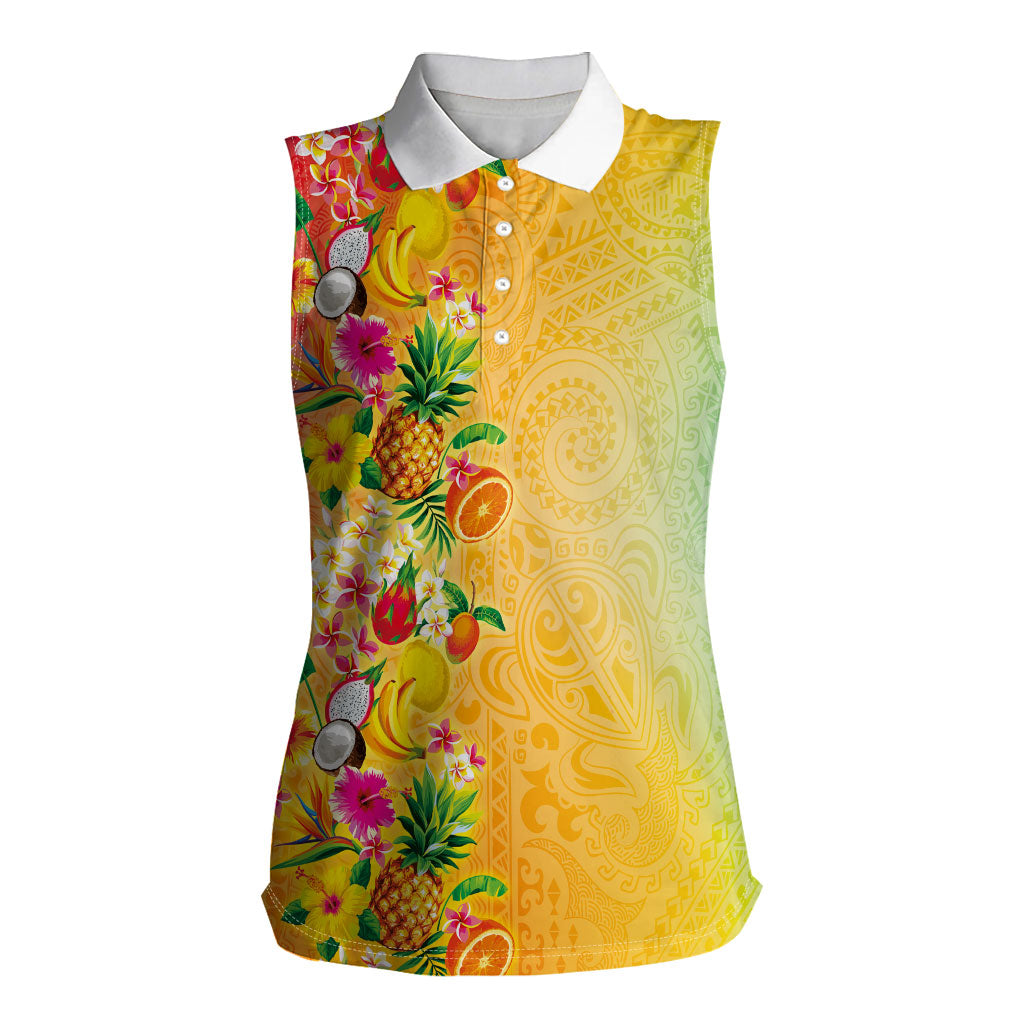 Hawaiian Tropical Fruits and Plants Women Sleeveless Polo Shirt Kakau Pattern Summer Vibe LT03 Female Multicolor - Polynesian Pride