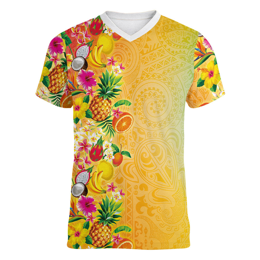 Hawaiian Tropical Fruits and Plants Women V-Neck T-Shirt Kakau Pattern Summer Vibe LT03 Female Multicolor - Polynesian Pride