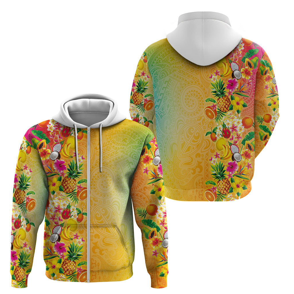 Hawaiian Tropical Fruits and Plants Zip Hoodie Kakau Pattern Summer Vibe LT03 - Polynesian Pride