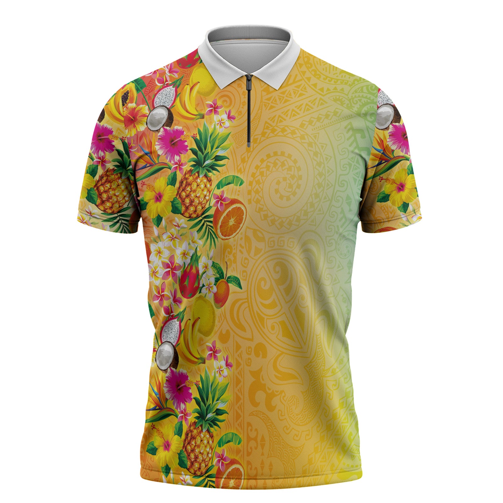 Hawaiian Tropical Fruits and Plants Zipper Polo Shirt Kakau Pattern Summer Vibe LT03 Multicolor - Polynesian Pride