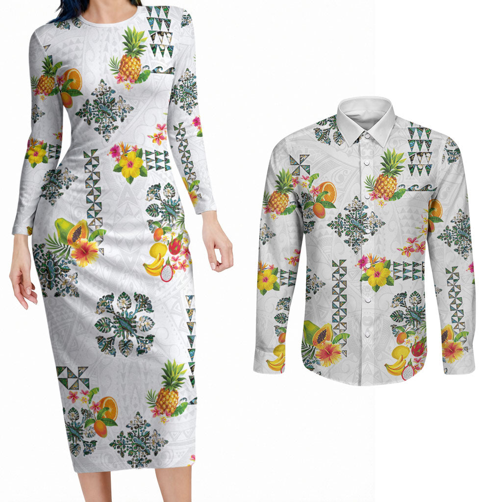 Hawaiian Quilts Couples Matching Long Sleeve Bodycon Dress and Long Sleeve Button Shirt Tropical Fruits and Plants LT03 White - Polynesian Pride