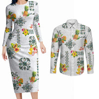 Hawaiian Quilts Couples Matching Long Sleeve Bodycon Dress and Long Sleeve Button Shirt Tropical Fruits and Plants LT03 White - Polynesian Pride