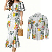 Hawaiian Quilts Couples Matching Mermaid Dress and Long Sleeve Button Shirt Tropical Fruits and Plants LT03 White - Polynesian Pride