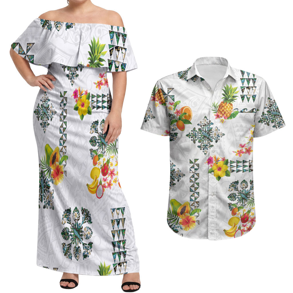 Hawaiian Quilts Couples Matching Off Shoulder Maxi Dress and Hawaiian Shirt Tropical Fruits and Plants LT03 White - Polynesian Pride