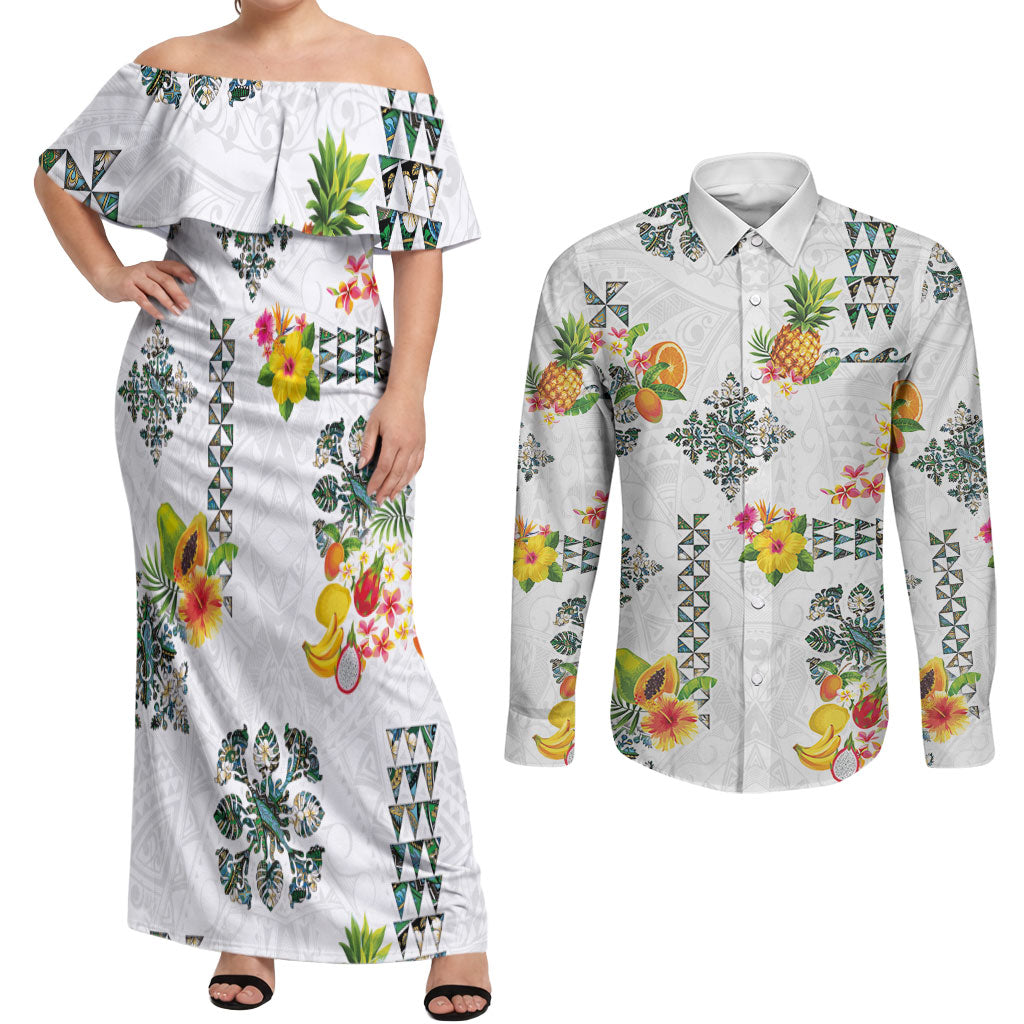 Hawaiian Quilts Couples Matching Off Shoulder Maxi Dress and Long Sleeve Button Shirt Tropical Fruits and Plants LT03 White - Polynesian Pride
