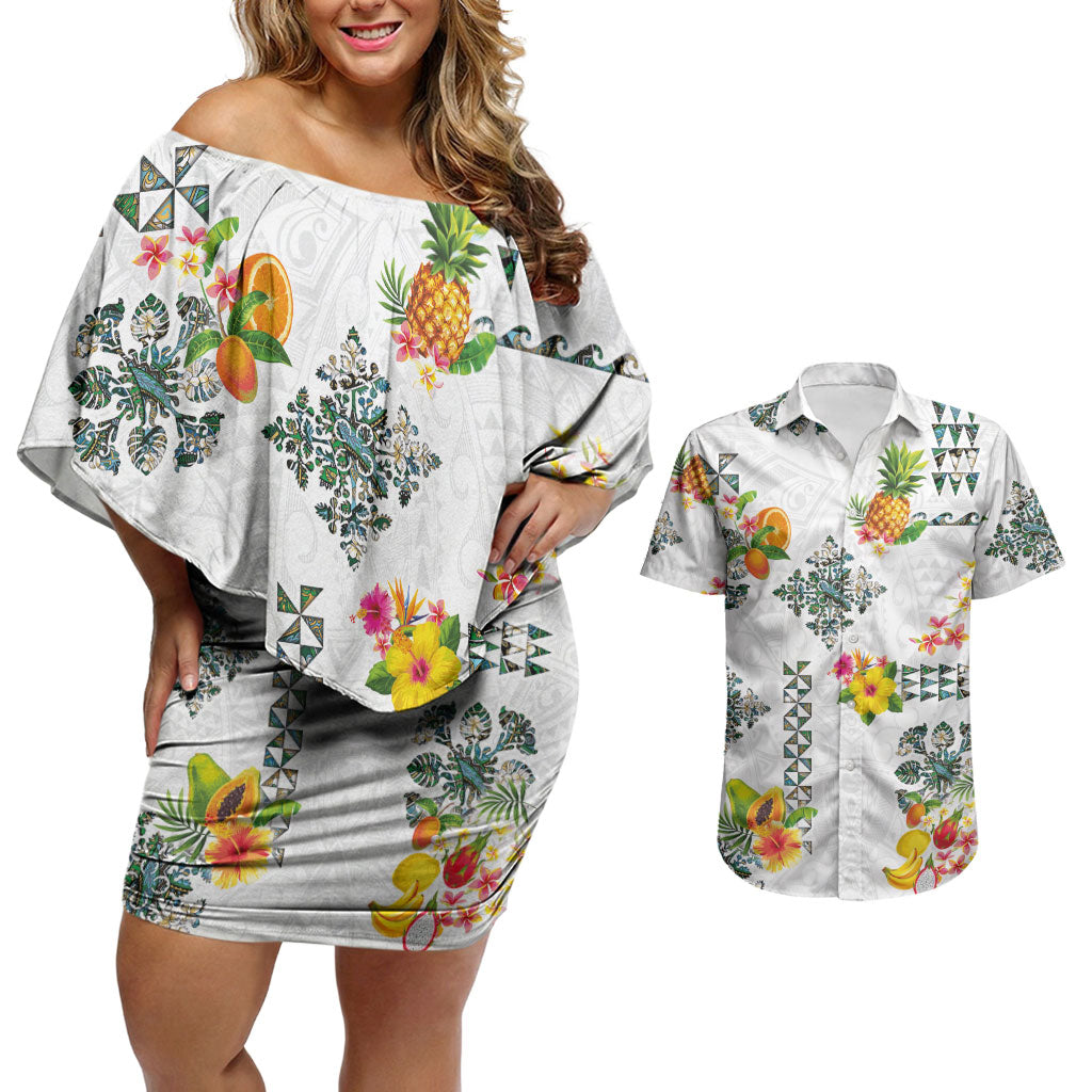 Hawaiian Quilts Couples Matching Off Shoulder Short Dress and Hawaiian Shirt Tropical Fruits and Plants LT03 White - Polynesian Pride