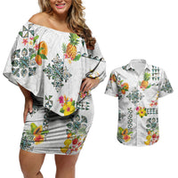 Hawaiian Quilts Couples Matching Off Shoulder Short Dress and Hawaiian Shirt Tropical Fruits and Plants LT03 White - Polynesian Pride