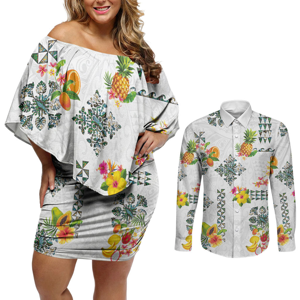 Hawaiian Quilts Couples Matching Off Shoulder Short Dress and Long Sleeve Button Shirt Tropical Fruits and Plants LT03 White - Polynesian Pride