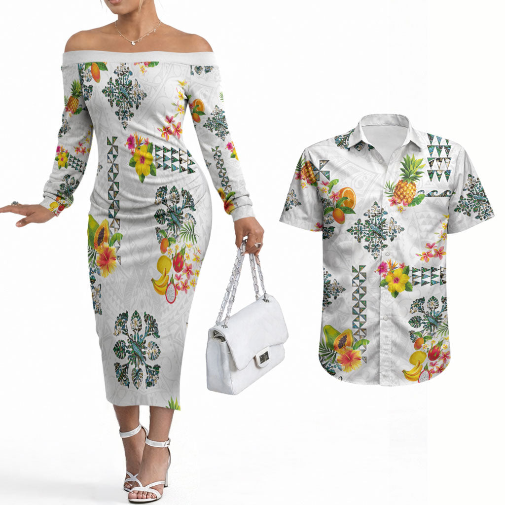 Hawaiian Quilts Couples Matching Off The Shoulder Long Sleeve Dress and Hawaiian Shirt Tropical Fruits and Plants LT03 White - Polynesian Pride