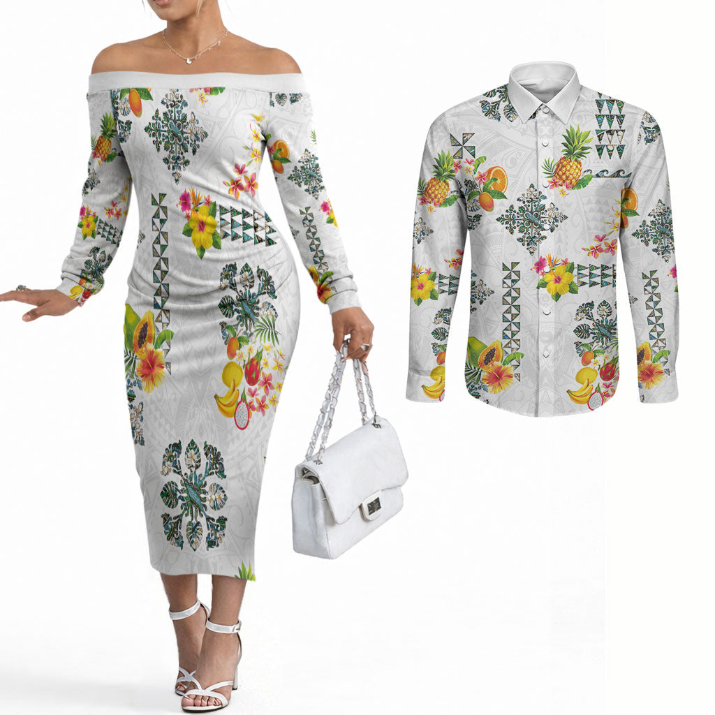 Hawaiian Quilts Couples Matching Off The Shoulder Long Sleeve Dress and Long Sleeve Button Shirt Tropical Fruits and Plants LT03 White - Polynesian Pride