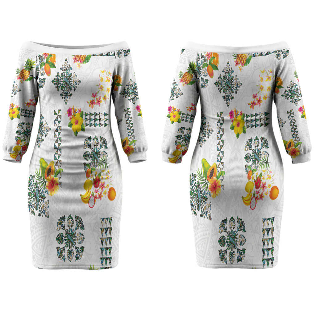 Hawaiian Quilts Couples Matching Off The Shoulder Long Sleeve Dress and Long Sleeve Button Shirt Tropical Fruits and Plants LT03 - Polynesian Pride