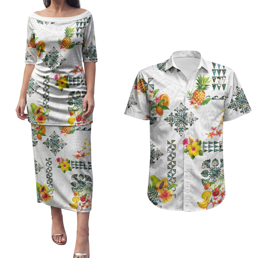 Hawaiian Quilts Couples Matching Puletasi and Hawaiian Shirt Tropical Fruits and Plants LT03 White - Polynesian Pride