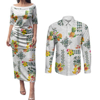 Hawaiian Quilts Couples Matching Puletasi and Long Sleeve Button Shirt Tropical Fruits and Plants LT03 White - Polynesian Pride