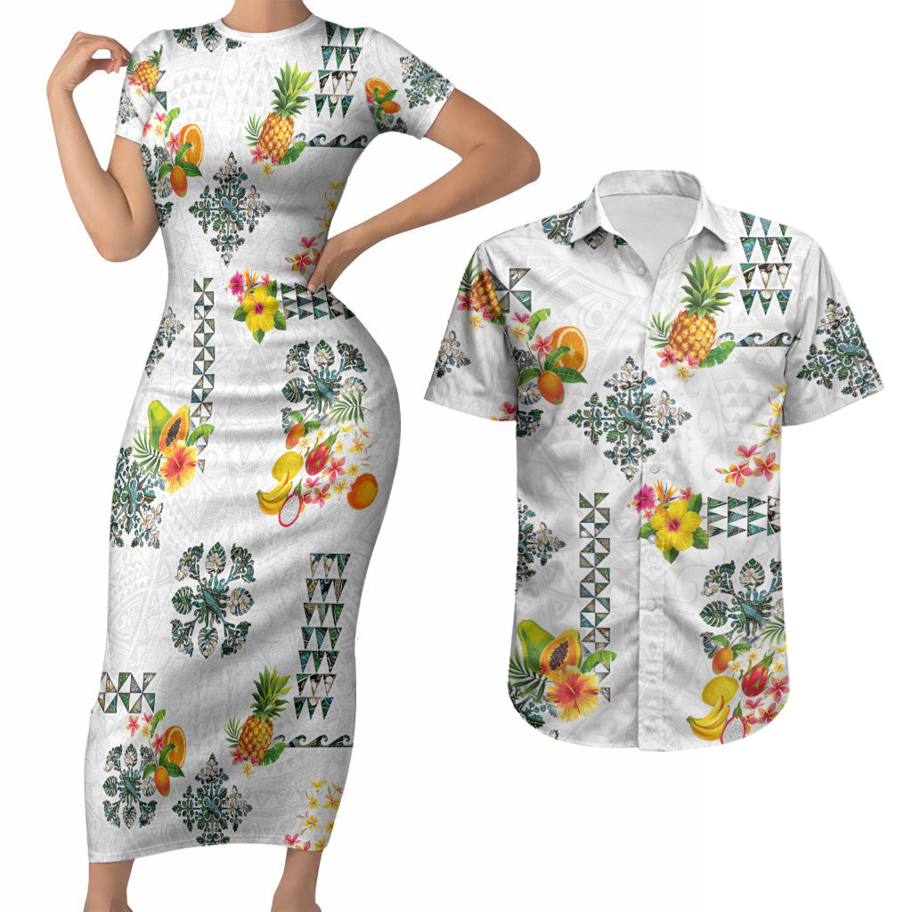 Hawaiian Quilts Couples Matching Short Sleeve Bodycon Dress and Hawaiian Shirt Tropical Fruits and Plants LT03 White - Polynesian Pride