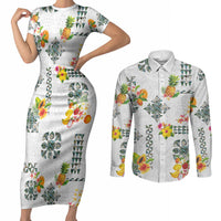Hawaiian Quilts Couples Matching Short Sleeve Bodycon Dress and Long Sleeve Button Shirt Tropical Fruits and Plants LT03 White - Polynesian Pride