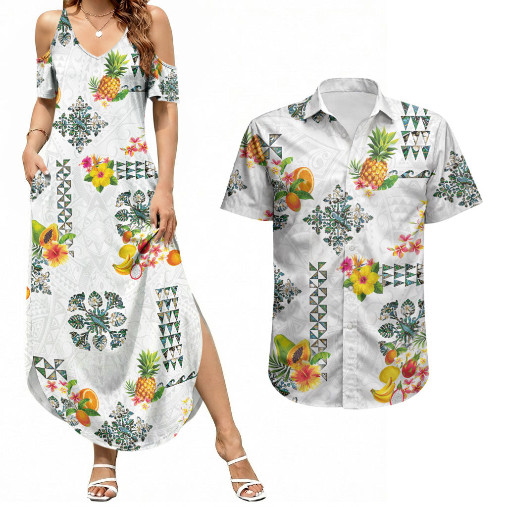Hawaiian Quilts Couples Matching Summer Maxi Dress and Hawaiian Shirt Tropical Fruits and Plants LT03 White - Polynesian Pride