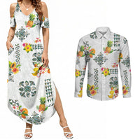 Hawaiian Quilts Couples Matching Summer Maxi Dress and Long Sleeve Button Shirt Tropical Fruits and Plants LT03 White - Polynesian Pride