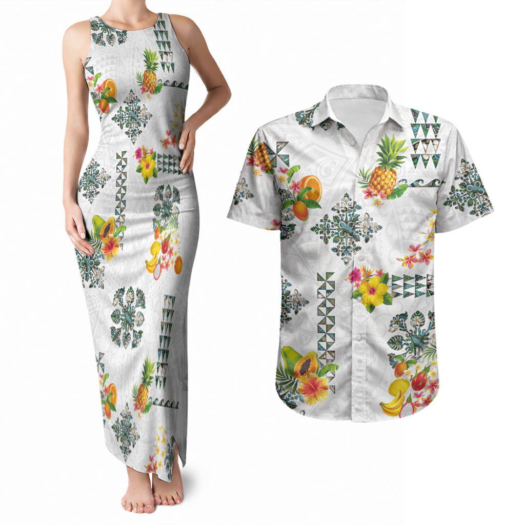 Hawaiian Quilts Couples Matching Tank Maxi Dress and Hawaiian Shirt Tropical Fruits and Plants LT03 White - Polynesian Pride