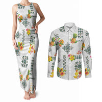 Hawaiian Quilts Couples Matching Tank Maxi Dress and Long Sleeve Button Shirt Tropical Fruits and Plants LT03 White - Polynesian Pride
