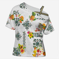 Hawaiian Quilts Cross Shoulder Shirt Tropical Fruits and Plants LT03 Female White - Polynesian Pride