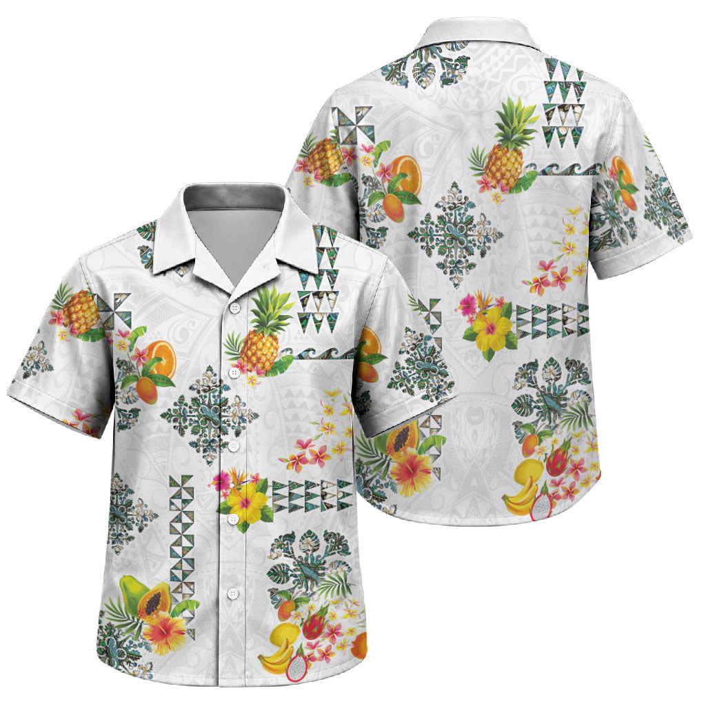 Hawaiian Quilts Family Matching Mermaid Dress and Hawaiian Shirt Tropical Fruits and Plants LT03 Son's Shirt White - Polynesian Pride