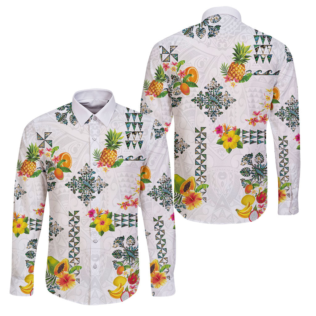 Hawaiian Quilts Family Matching Puletasi and Hawaiian Shirt Tropical Fruits and Plants LT03 Dad's Shirt - Long Sleeve White - Polynesian Pride