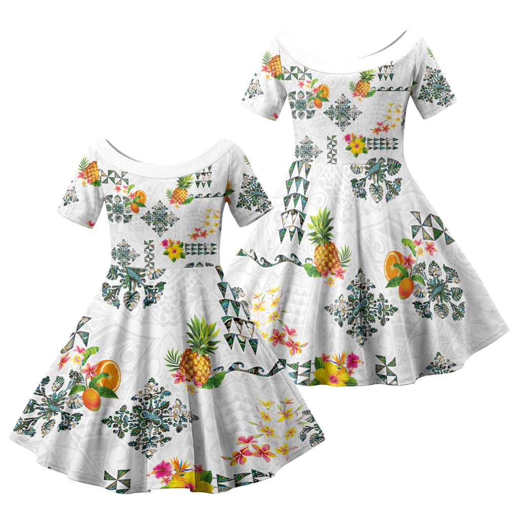 Hawaiian Quilts Family Matching Puletasi and Hawaiian Shirt Tropical Fruits and Plants LT03 Daughter's Dress White - Polynesian Pride