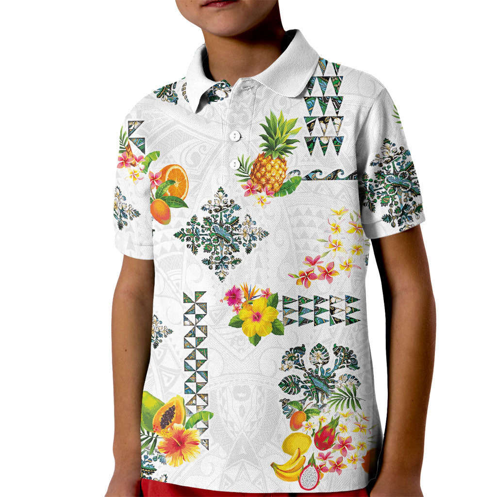 Hawaiian Quilts Kid Polo Shirt Tropical Fruits and Plants LT03 Kid White - Polynesian Pride