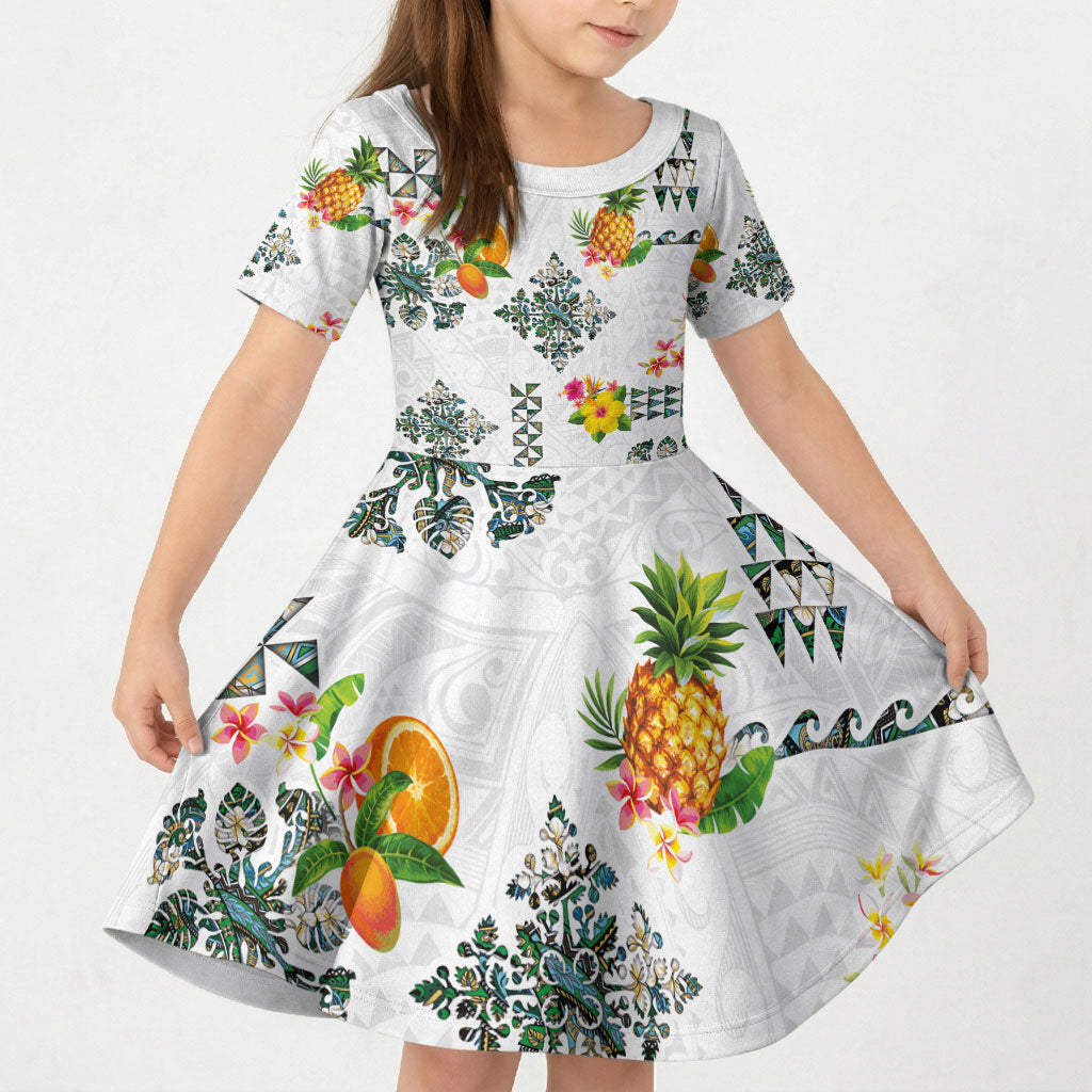Hawaiian Quilts Kid Short Sleeve Dress Tropical Fruits and Plants LT03 KID White - Polynesian Pride