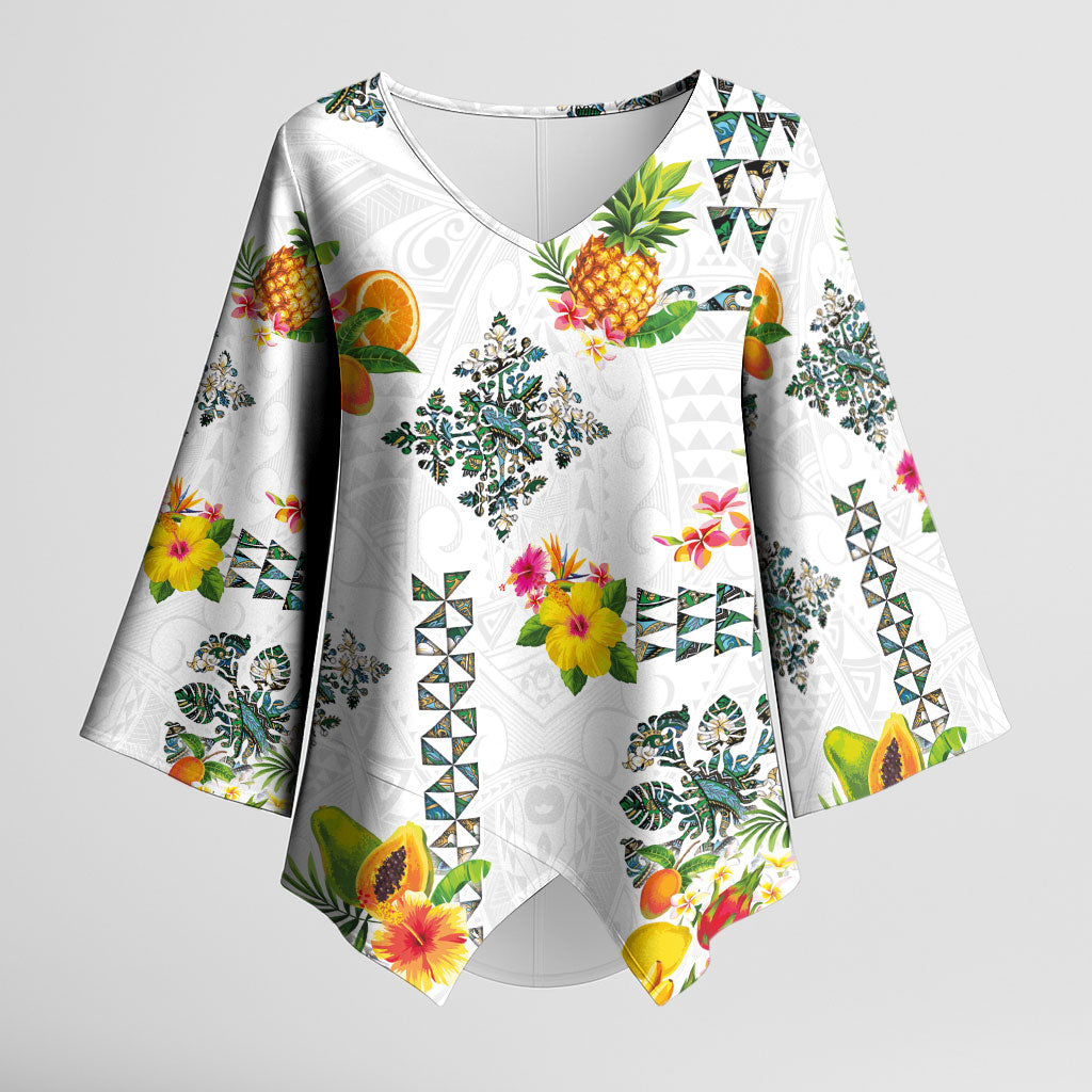 Hawaiian Quilts Kimono Sleeve Blouse Tropical Fruits and Plants LT03 Female White - Polynesian Pride
