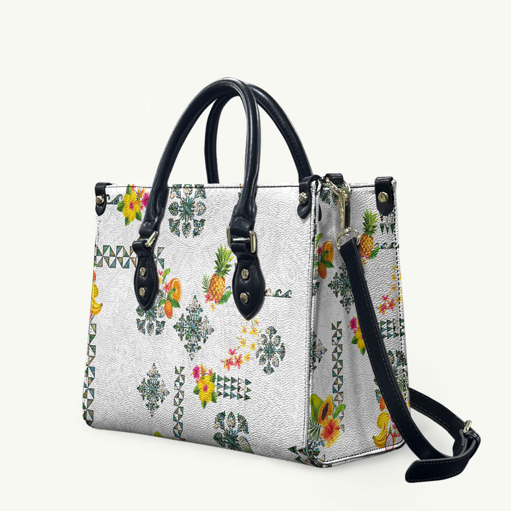 Hawaiian Quilts Leather Bag Tropical Fruits and Plants LT03 White - Polynesian Pride