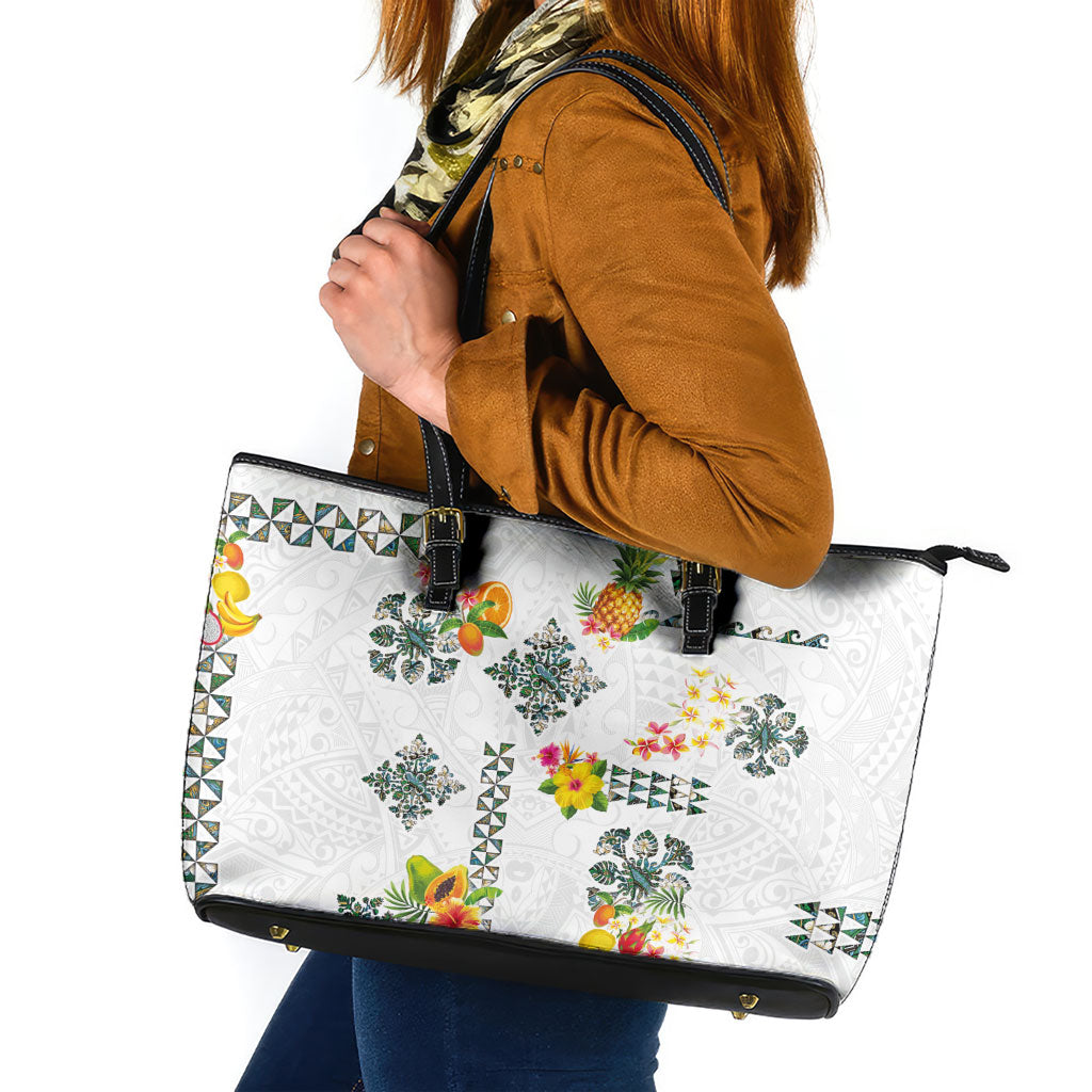 Hawaiian Quilts Leather Tote Bag Tropical Fruits and Plants LT03 White - Polynesian Pride