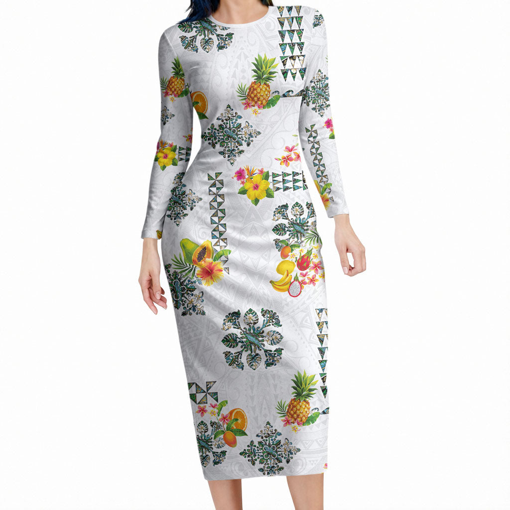 Hawaiian Quilts Long Sleeve Bodycon Dress Tropical Fruits and Plants LT03 Long Dress White - Polynesian Pride