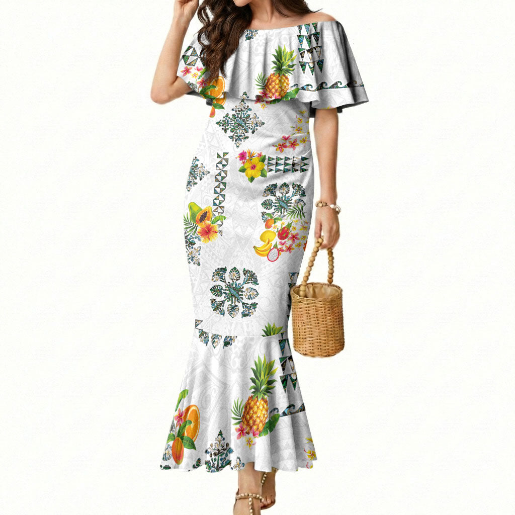 Hawaiian Quilts Mermaid Dress Tropical Fruits and Plants LT03 Women White - Polynesian Pride