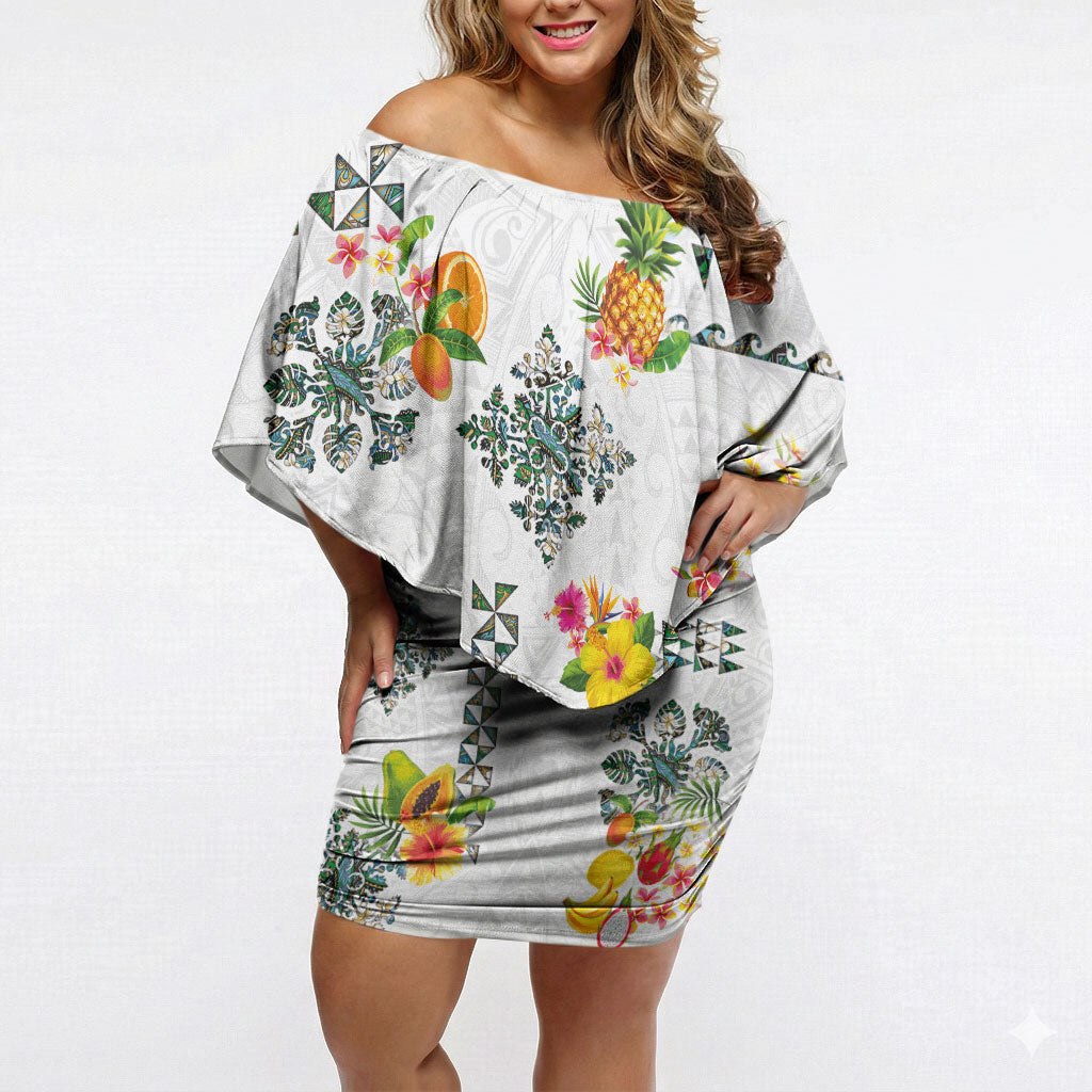 Hawaiian Quilts Off Shoulder Short Dress Tropical Fruits and Plants LT03 Women White - Polynesian Pride