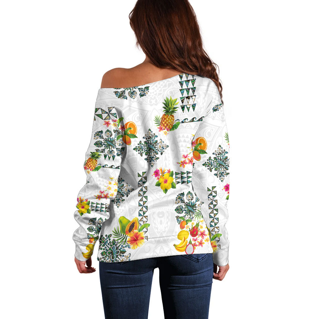 Hawaiian Quilts Off Shoulder Sweater Tropical Fruits and Plants LT03 - Polynesian Pride