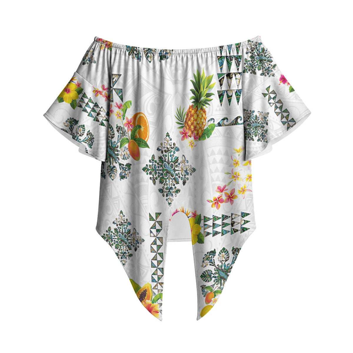 Hawaiian Quilts Off Shoulder Wrap Waist Top Tropical Fruits and Plants LT03 White - Polynesian Pride