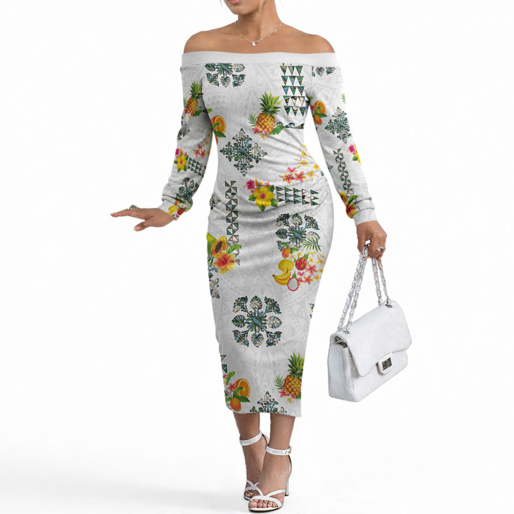 Hawaiian Quilts Off The Shoulder Long Sleeve Dress Tropical Fruits and Plants LT03 Women White - Polynesian Pride